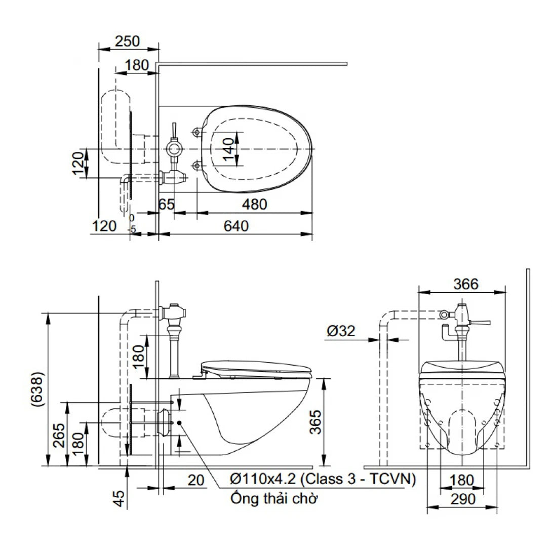 Bàn Cầu INAX AC-22PVN (AC22PVN) Treo Tường Nắp Êm Kèm Van Xả